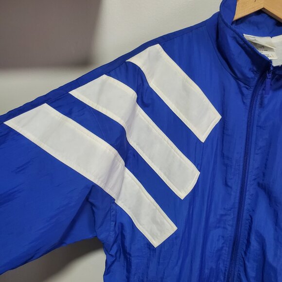 ADIDAS Vintage 90s Windbreaker Track Jacket Coat Nylon 3 Stripes Blue Mens Large - Picture 2 of 16